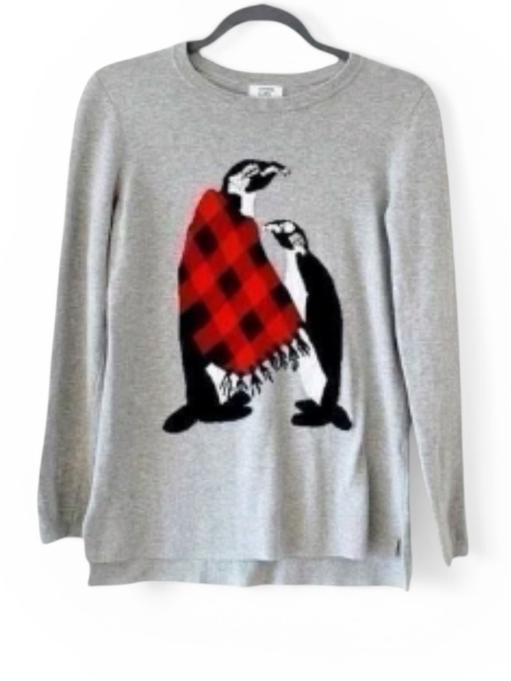 Crown & Ivy Women Penguin Sweater Gray Sequin Plaid Cozy Knit Size M NWT